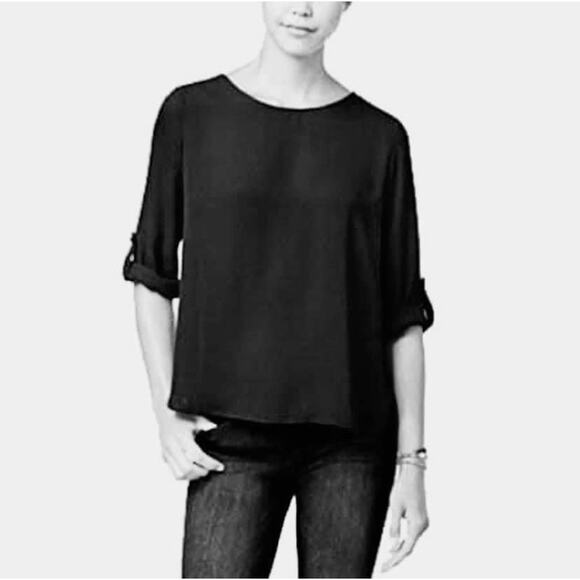Hippie Rose BLACK Roll Tab Sleeve Popover Blouse Top  Size Large NEW NWT - Picture 1 of 8